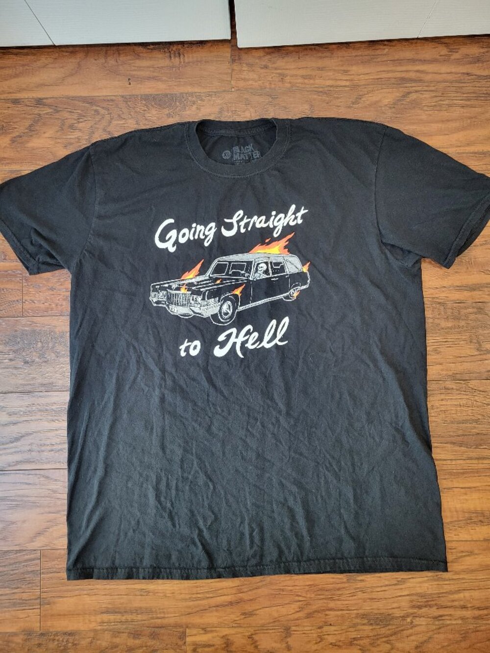 BLACK MATTER Going Straight To Hell Flaming Hearse Black Tee sz XL EUC Halloween